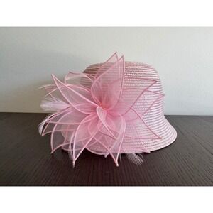 Kate Landry Pink Straw Cloche Hat Kids Girls One Size Mesh Flower Feather Accent